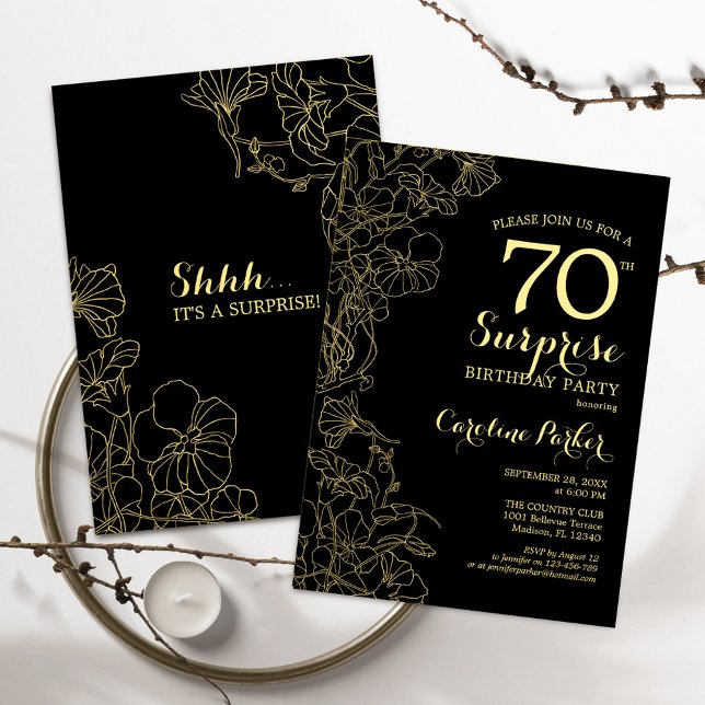 Invitation Floral Gold Black Surprise 70e fête d'anniversaire (Créateur téléchargé)