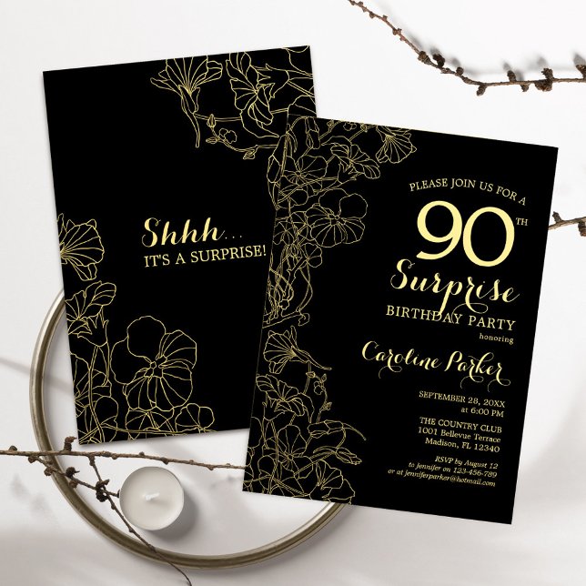 Invitation Floral Gold Black Surprise 90e fête d'anniversaire (Créateur téléchargé)