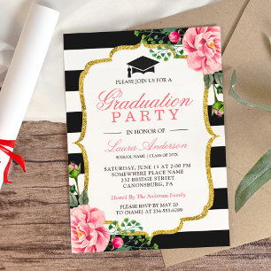 Invitation Floral Gold Black White Stripes Graduation Party