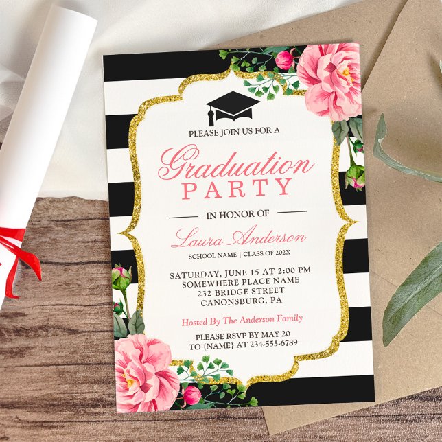 Invitation Floral Gold Black White Stripes Graduation Party (Créateur téléchargé)