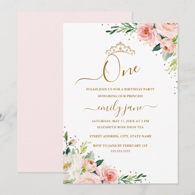 Invitation Floral Gold Blush Girl 1er fête d'anniversaire (Devant / Derrière)