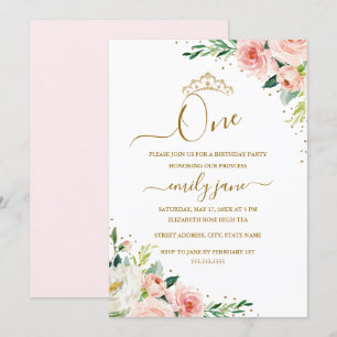 Invitation Floral Gold Blush Girl 1er fête d'anniversaire