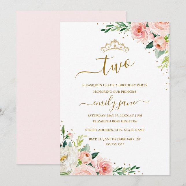Invitation Floral Gold Blush Girl 2e fête d'anniversaire (Devant / Derrière)