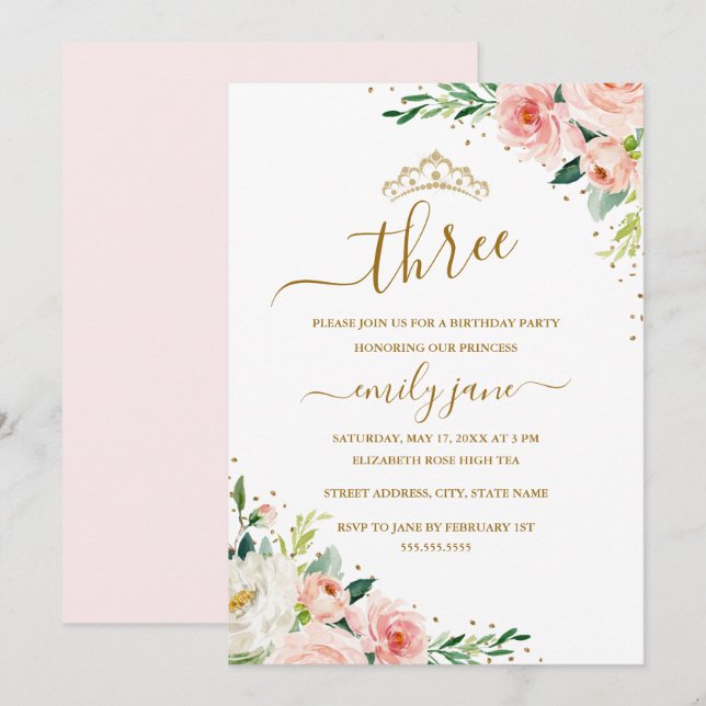 Invitation Floral Gold Blush Girl 3e fête d'anniversaire (Devant / Derrière)