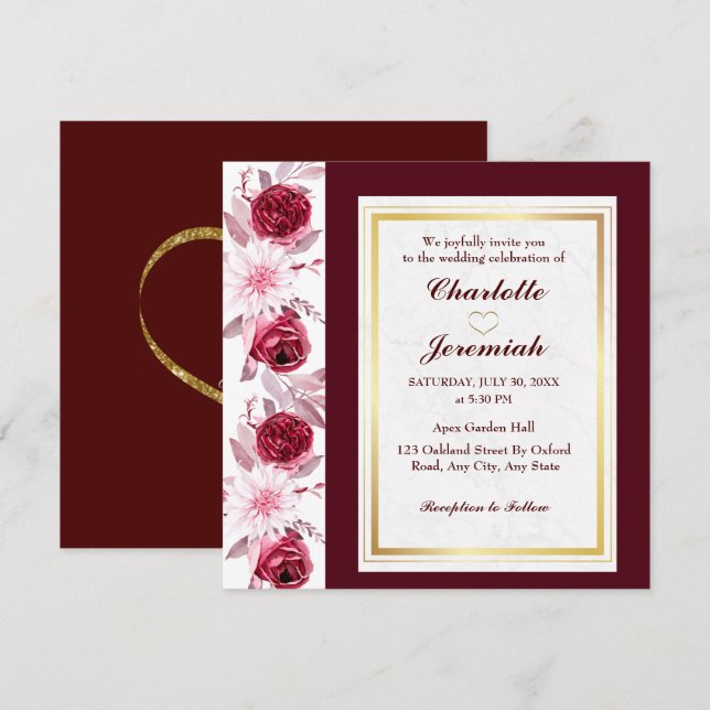 Invitation Floral Gold Blush rose Bourgogne Mariage Script (Devant / Derrière)
