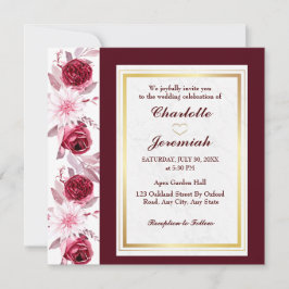 Invitation Floral Gold Blush rose Bourgogne Mariage Script
