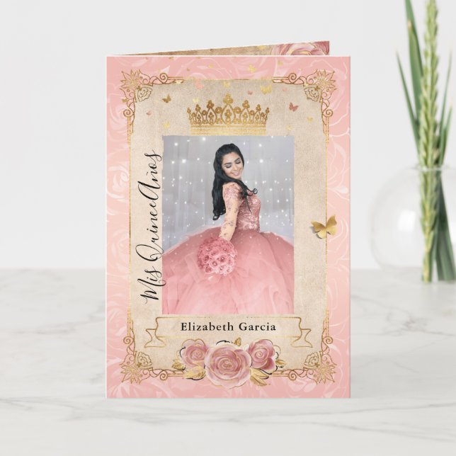 Invitation Floral Gold Blush rose Quinceañera Photo Plié (Devant)