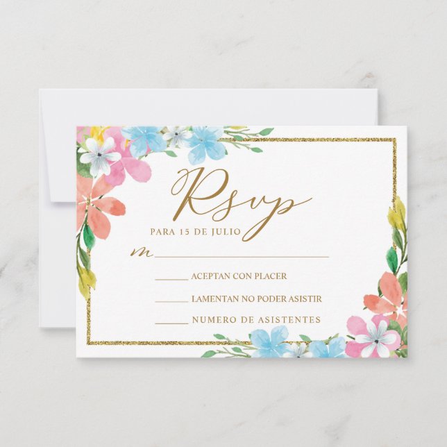 Invitation Floral Gold Bordure Nuestra Boda Mariage RSVP (Devant)