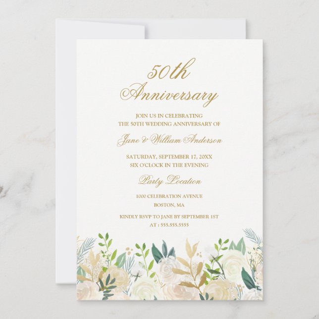 Invitation Floral Gold Botanical 50e anniversaire Mariage (Devant)
