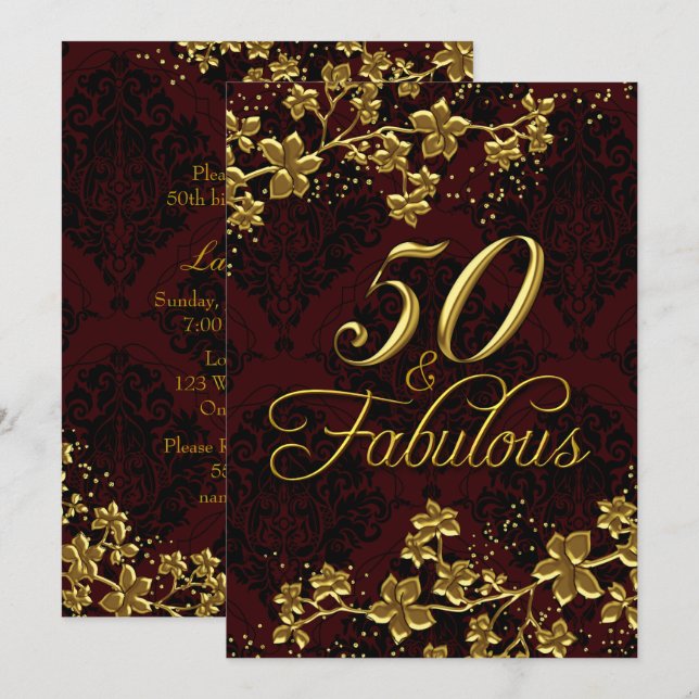 Invitation Floral Gold Dark Red 50 Fabuleux anniversaire (Devant / Derrière)