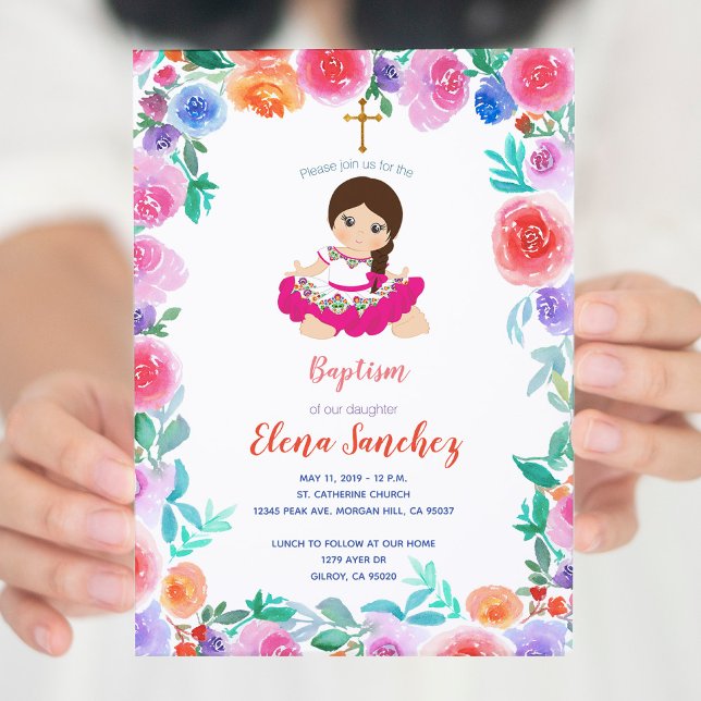 Invitation Floral Gold Girl Baptism Christening Mexicaine (Créateur téléchargé)