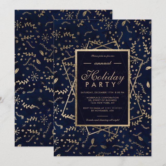 Invitation Floral Gold marine bleu hiver vacances d'entrepris (Devant / Derrière)
