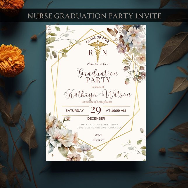 Invitation Floral Gold Nurse Graduate RN Nursing Graduate (Créateur téléchargé)