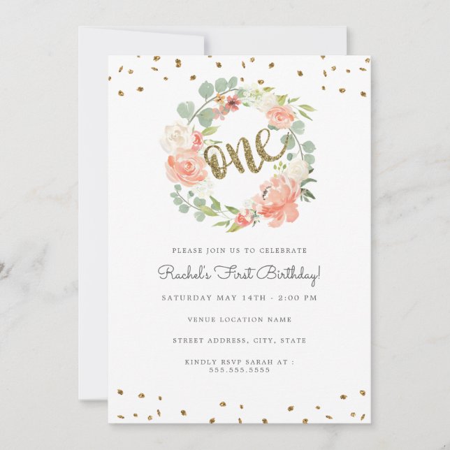 Invitation Floral Gold One Wreath Premier anniversaire (Devant)