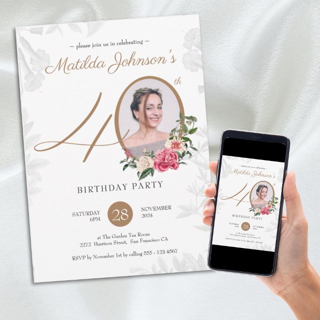 Invitation Floral Gold Photo 40th Birthday Party (Floral Gold Photo 40th Birthday Party Invitation)