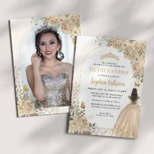 Invitation Floral Gold Princess Anniversaire Quinceanera Phot