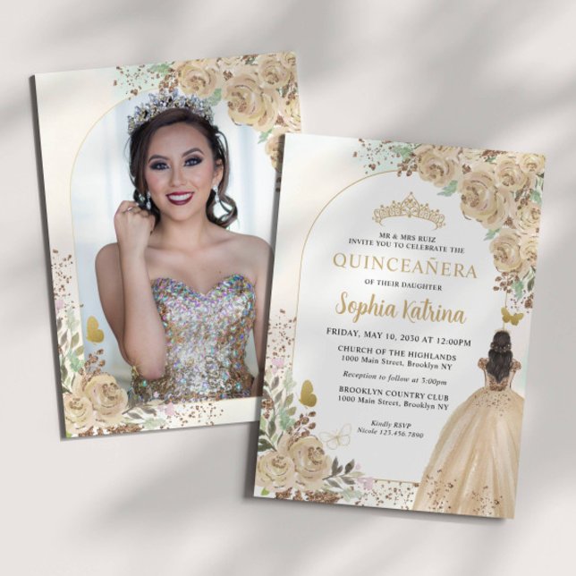 Invitation Floral Gold Princess Anniversaire Quinceanera Phot (Créateur téléchargé)
