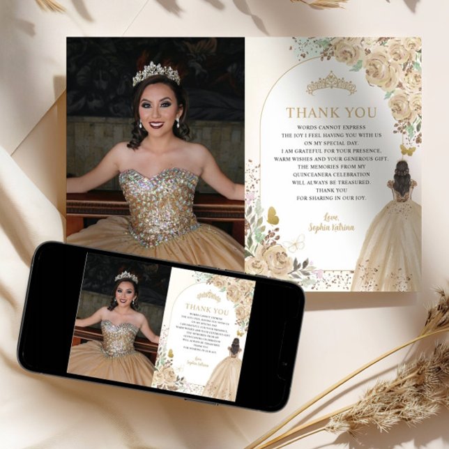 Invitation Floral Gold Princesse Quinceanera Merci photo (Créateur téléchargé)