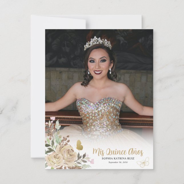 Invitation Floral Gold Princesse Quinceanera Merci photo (Dos)
