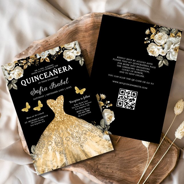Invitation Floral Gold QR Code Princess Quinceanera (Créateur téléchargé)
