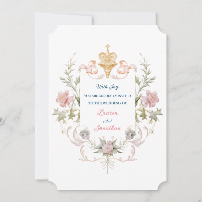 Invitation Floral Golden Royal Crest & Blush Roses Wedding (Devant)