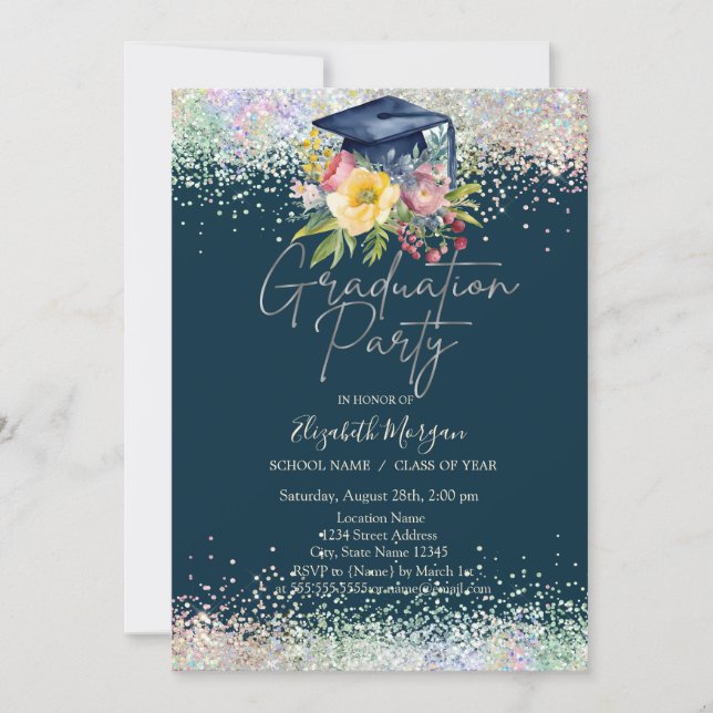 Invitation Floral Grad Casquette, Confetti Navy Blue Graduati (Devant)