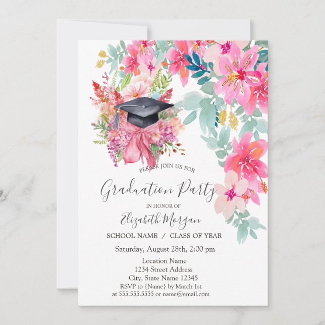 Invitation Floral Grad Casquette, Fleurs Graduation (Devant)