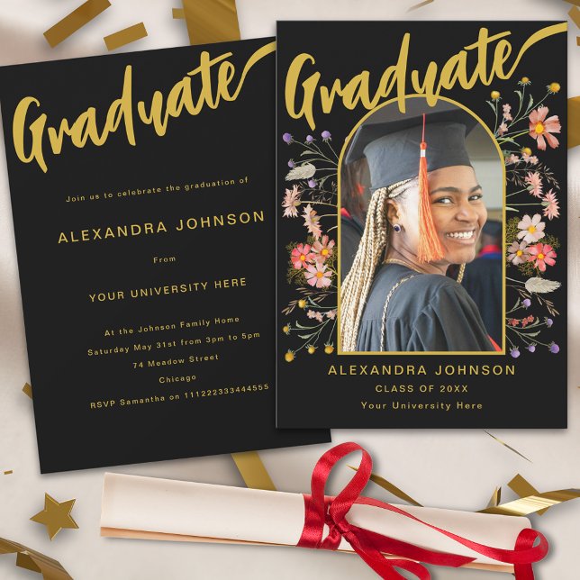 Invitation Floral Graduate Photo Black Gold Script Grad Party (Boho floral graduate photo arch black and gold script graduation party invitation)
