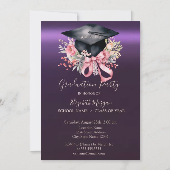 Invitation Floral Graduation Cap,Bow Purple Graduation  (Devant)