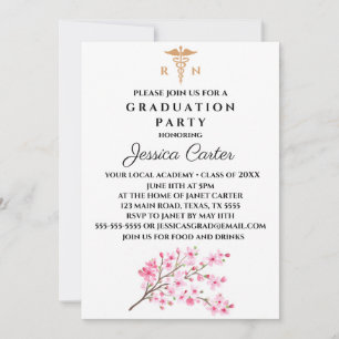 Invitation Floral Graduation Infirmière Typographie Cherry Bl