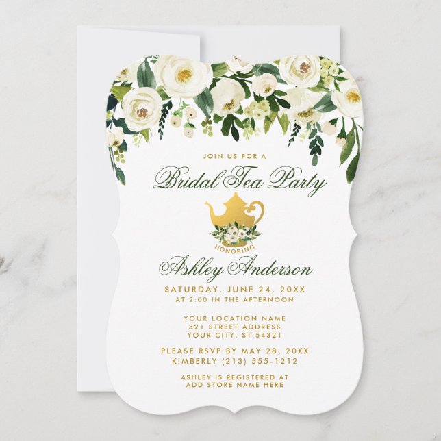 Invitation Floral Green et Gold Bridal Tea Party (Devant)