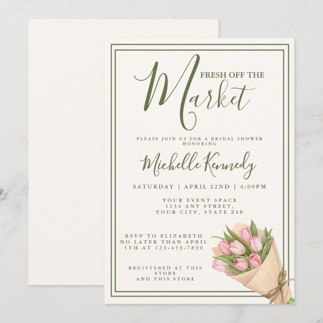 Invitation Floral Green Fresh Off The Market Bridal Shower  (Devant / Derrière)