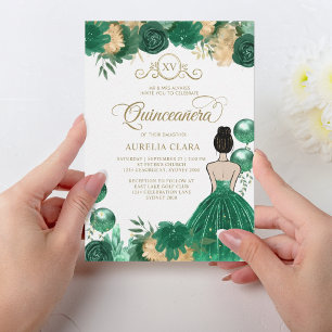 Invitation Floral Green Gold Princess XV Quinceañera Annivers
