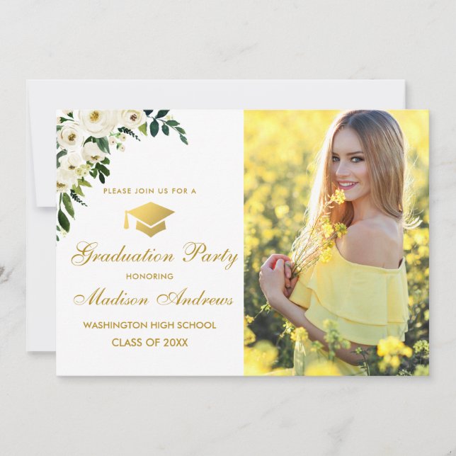 Invitation Floral Green Photo Gold Graduation Party Invitatio (Devant)