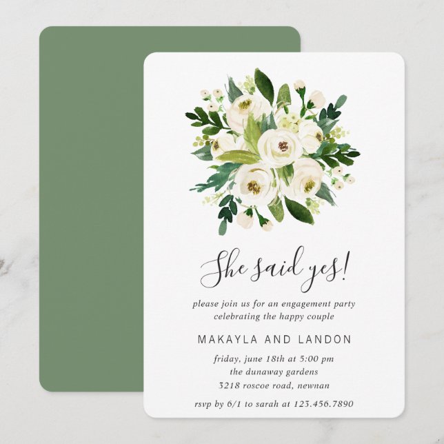 Invitation Floral Green Roses blanches Partie d'engagement (Devant / Derrière)