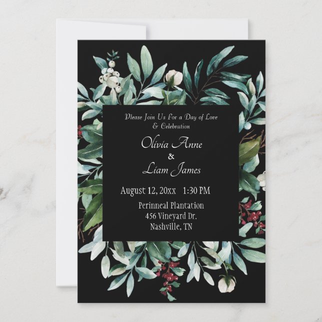 Invitation Floral Greenery Élégant Chic Script Nom Mariage (Devant)