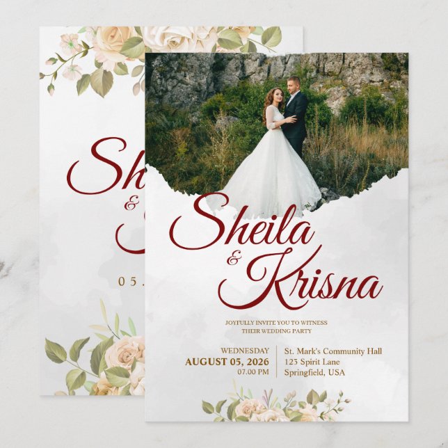 Invitation Floral Grey Maroon Elegance Wedding with Photo (Devant / Derrière)
