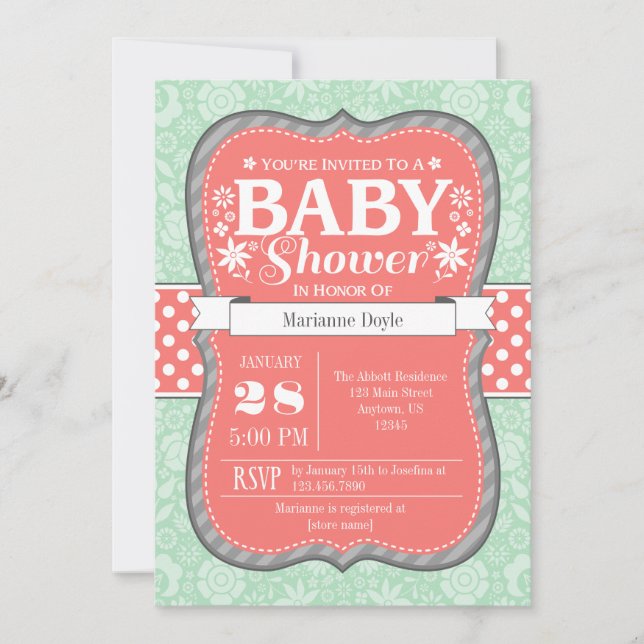 Invitation floral gris en bon état de baby shower (Devant)