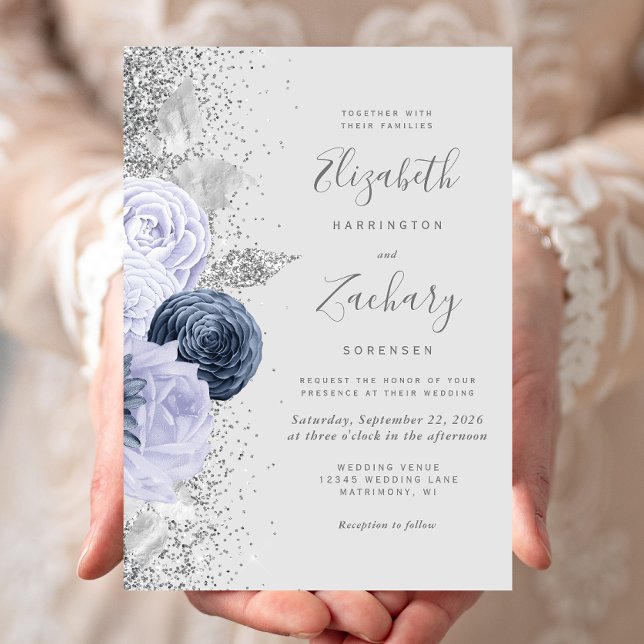Invitation Floral Gris Marine Bleu Lilac Argent Mariage (Créateur téléchargé)