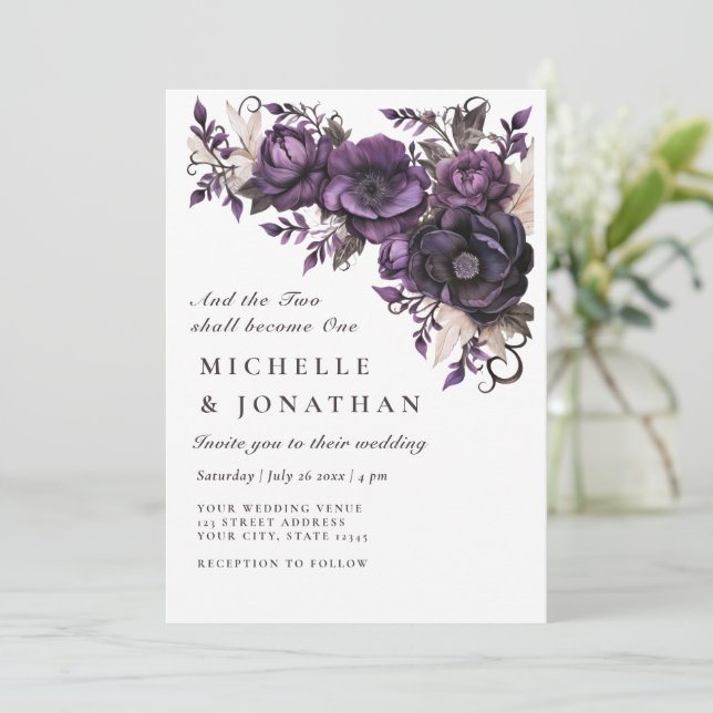 Invitation Floral Gris Violet Deux deviennent un Mariage de l (Debout devant)