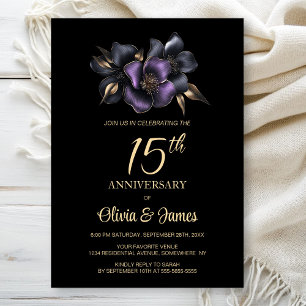 Invitation Floral gris violet noir 15e anniversaire