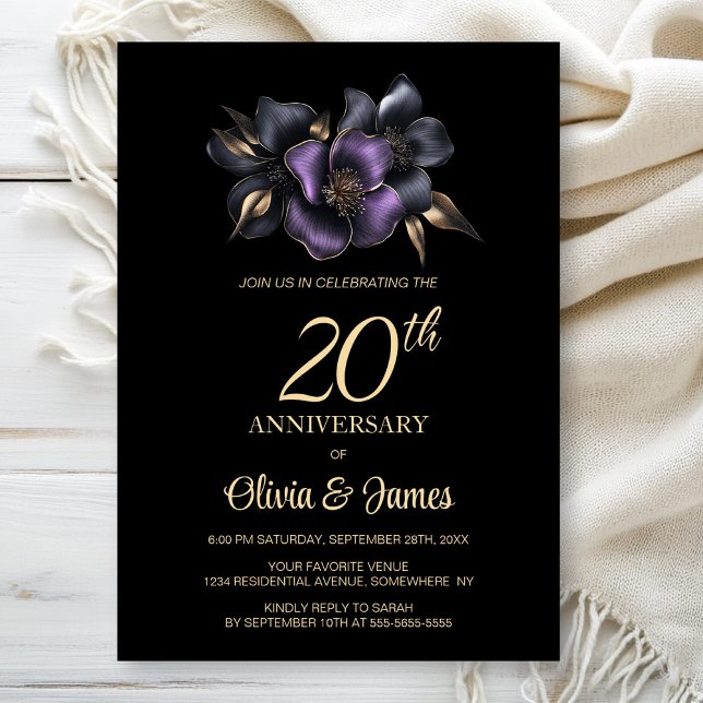 Invitation Floral gris violet noir 20e anniversaire (Créateur téléchargé)