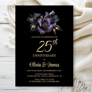 Invitation Floral gris violet noir 25e anniversaire