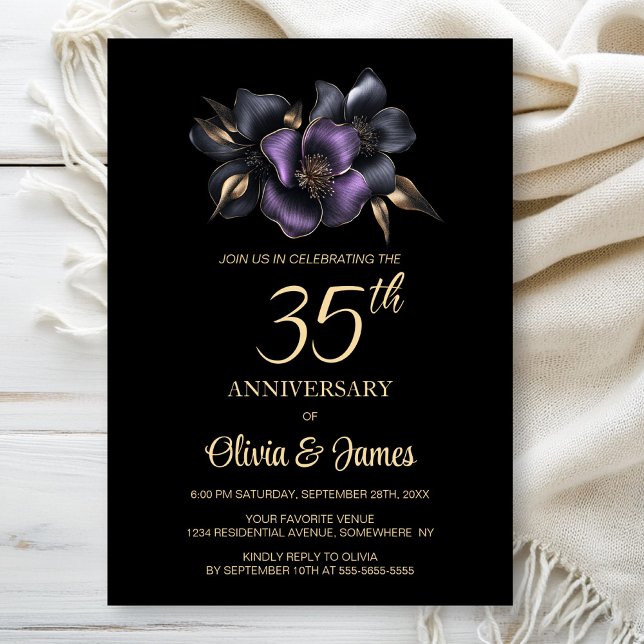 Invitation Floral gris violet noir 35e anniversaire (Créateur téléchargé)