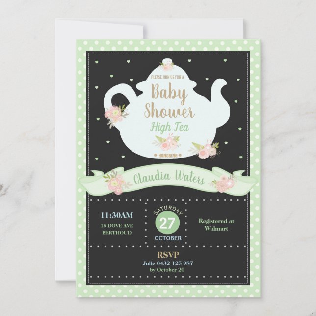 Invitation Floral High Tea Party Baby shower neutre (Devant)
