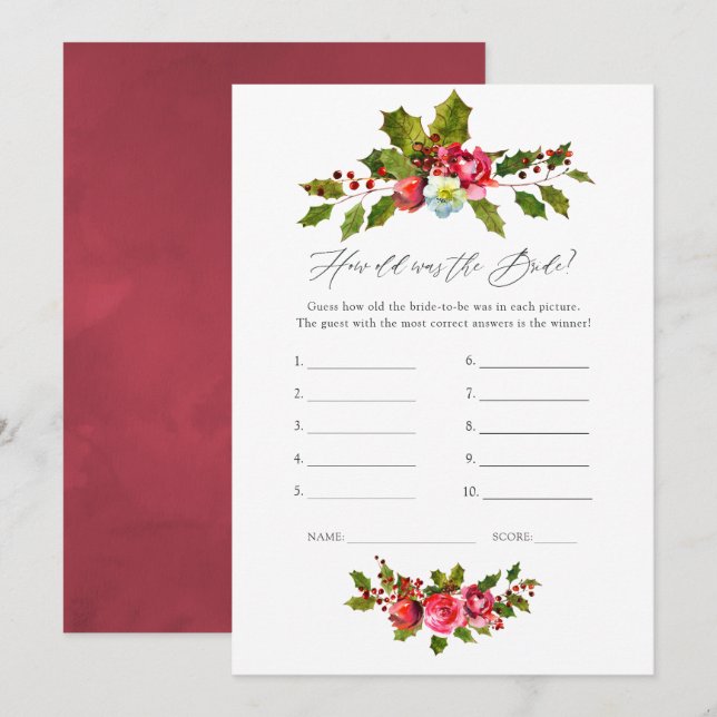 Invitation Floral Holly Fête des mariées de Noël (Devant / Derrière)
