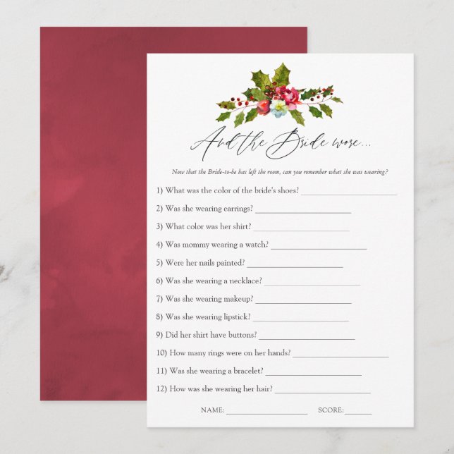 Invitation Floral Holly Fête des mariées de Noël (Devant / Derrière)
