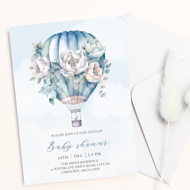 Invitation Floral Hot Air Balloon Blue Boy Baby shower (Créateur téléchargé)