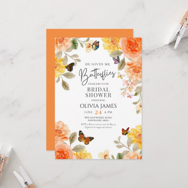 Invitation Floral il me donne des papillons nuptiale douche (Devant/Arrière en situation)