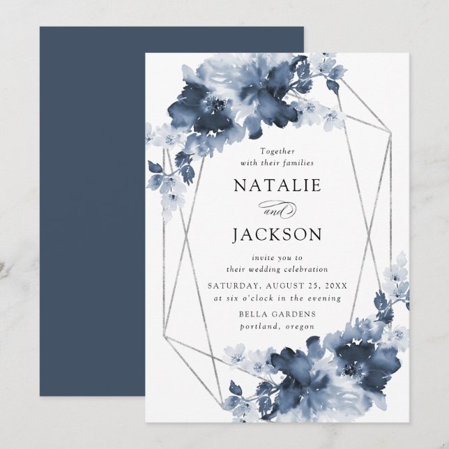 Invitation Floral Indigo Abstrait | Mariage de cadre géométri (Devant / Derrière)
